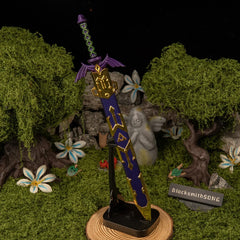 Master Sword replica — displayed upright on the vertical stand.