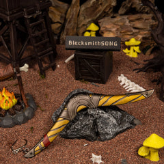 Boomerang replica — a second angle of the raiders'-camp diorama, with the watchtower and campfire in view.