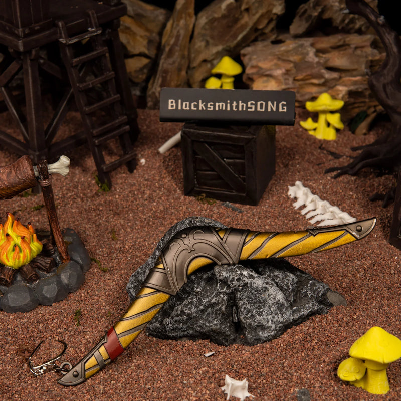 Boomerang replica — a second angle of the raiders'-camp diorama, with the watchtower and campfire in view.