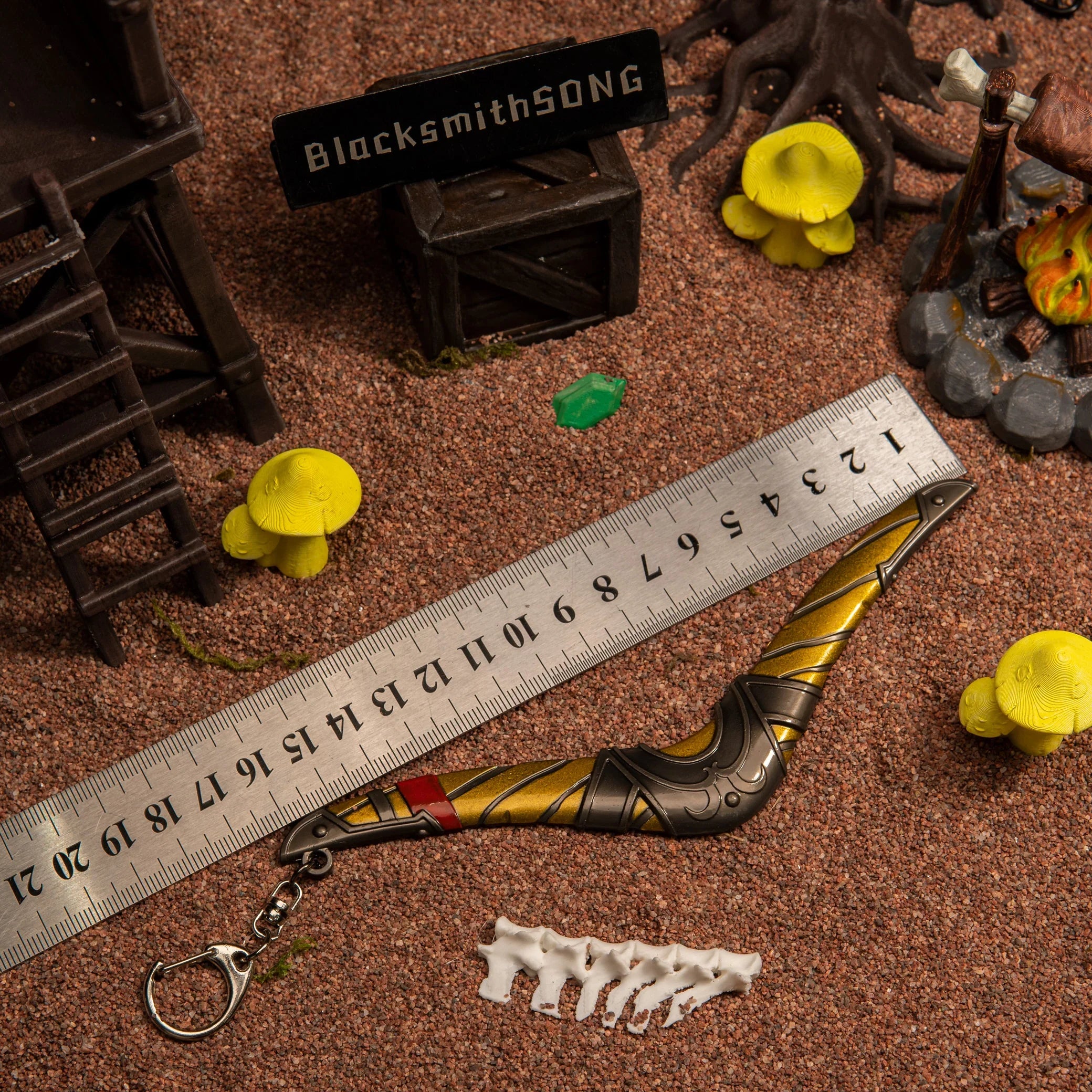 A measuring ruler placed next to the metal Zelda Boomerang, clearly showing its 16.5 centimeter span for collectible scale reference.