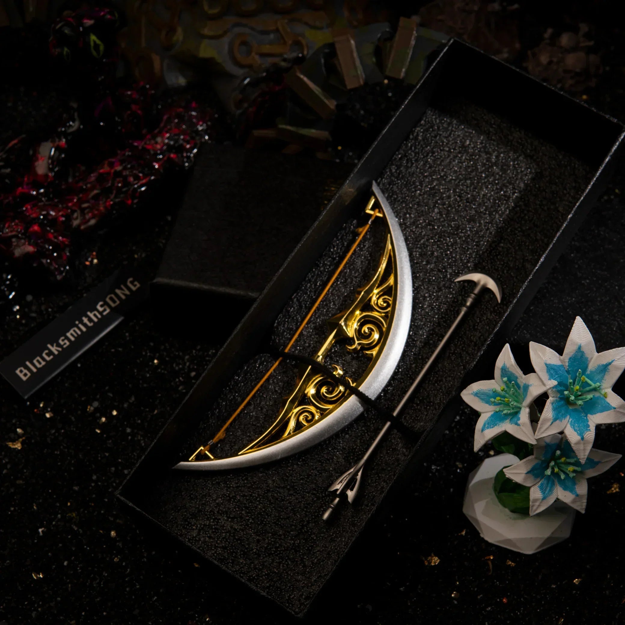 The complete 15cm metal Zelda Bow of Light prop and Light Arrow resting on dark stones amidst a Dark Beast Ganon diorama, featuring glowing Malice eyes and Silent Princess flowers.