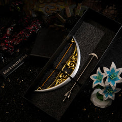 The complete 15cm metal Zelda Bow of Light prop and Light Arrow resting on dark stones amidst a Dark Beast Ganon diorama, featuring glowing Malice eyes and Silent Princess flowers.