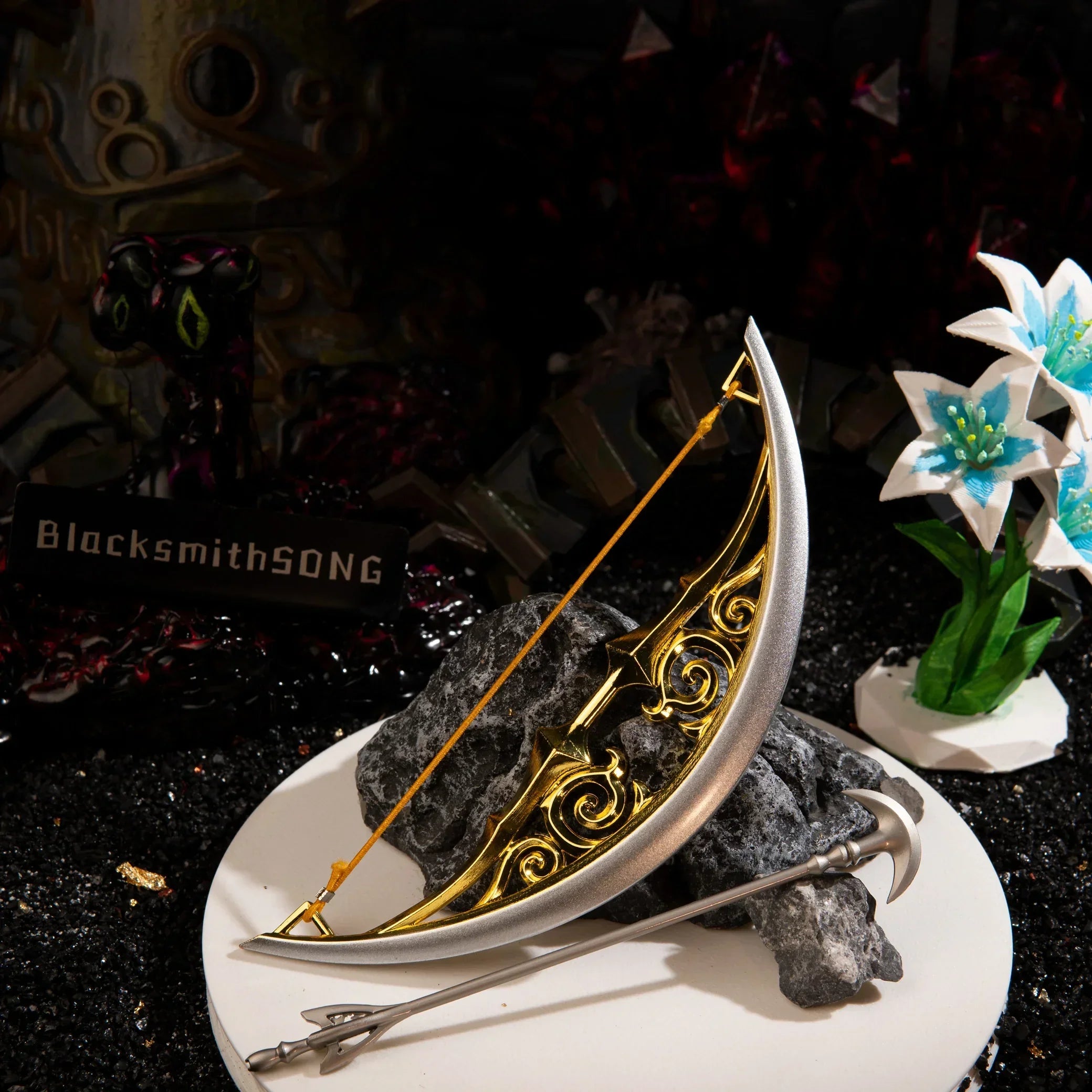 The complete 15cm metal Zelda Bow of Light prop and Light Arrow resting on dark stones amidst a Dark Beast Ganon diorama, featuring glowing Malice eyes and Silent Princess flowers.