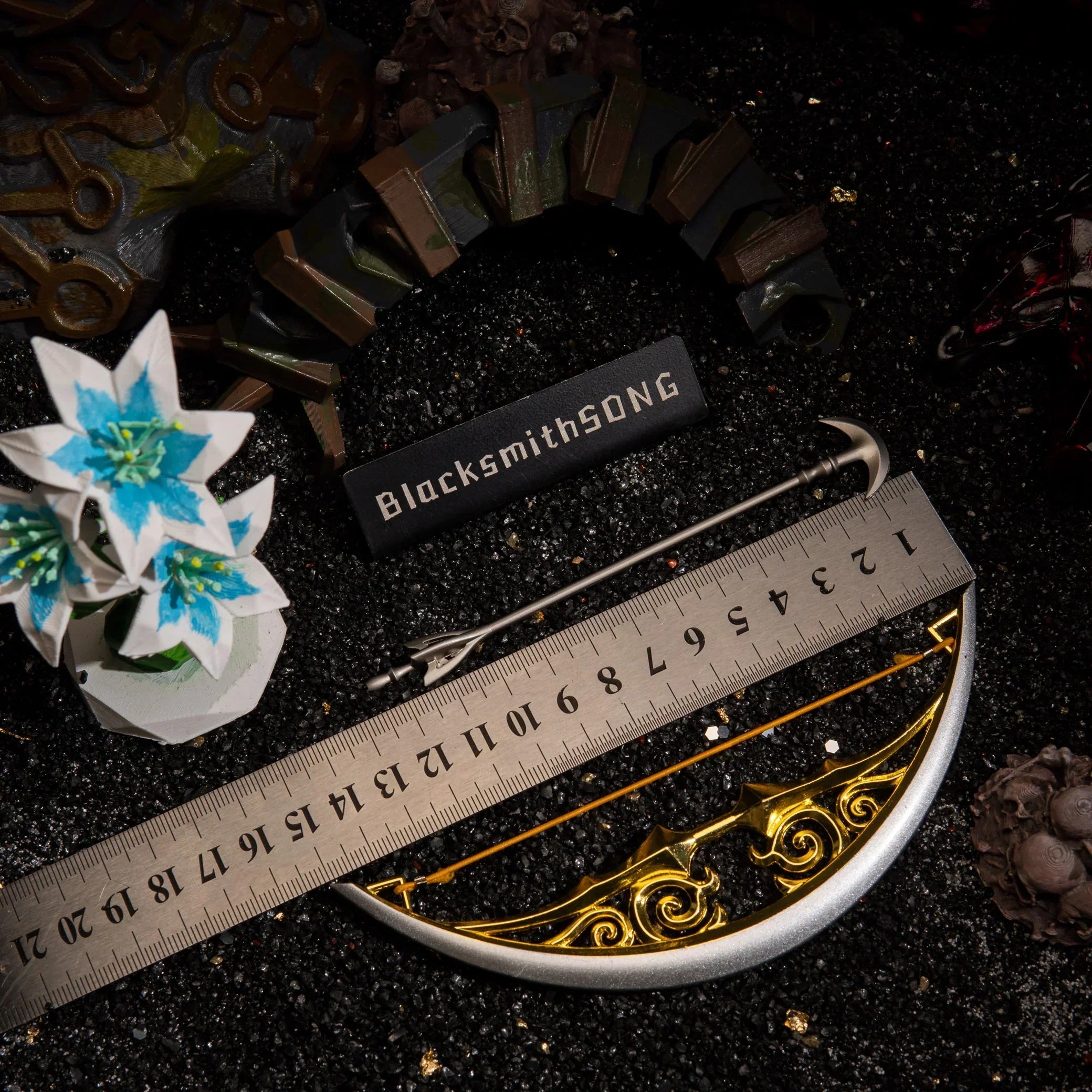 A measuring ruler placed alongside the metal Zelda Bow of Light and the distinct crescent-tipped Light Arrow, verifying its 15 centimeter span for 1/6 scale action figure photography.