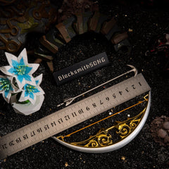 A measuring ruler placed alongside the metal Zelda Bow of Light and the distinct crescent-tipped Light Arrow, verifying its 15 centimeter span for 1/6 scale action figure photography.