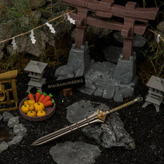 Edge of Duality replica (21cm die-cast zinc alloy sword) — resting against stone at the base of a torii gate, by BlacksmithSONG.
