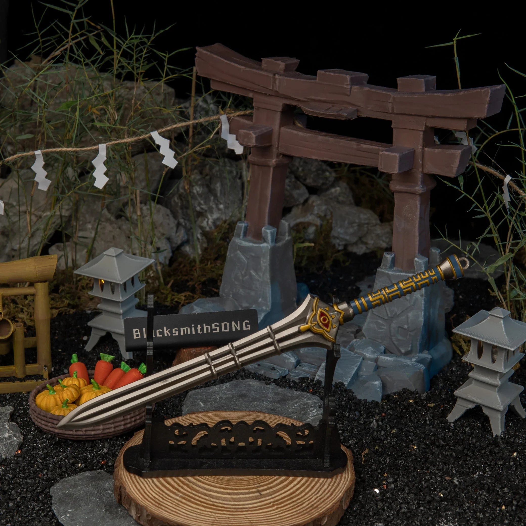 Edge of Duality replica showcased on a large wooden display stand (sold separately), set against a Torii gate diorama background.