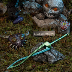 Fierce Deity Sword replica — crossed over rock among carved masks in the handcrafted set.