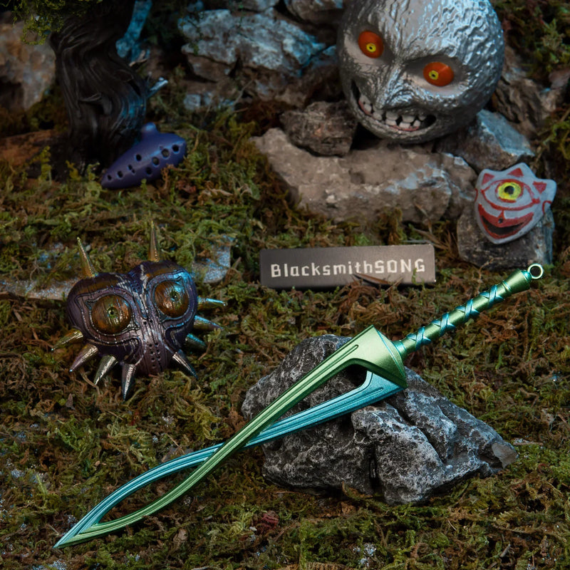 Fierce Deity Sword replica — crossed over rock among carved masks in the handcrafted set.