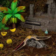 Giant Boomerang replica (17cm die-cast zinc alloy) — resting on a stone at a jungle ruin's entrance, by BlacksmithSONG.