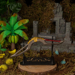 Giant Boomerang replica — displayed on the large stand amid jungle ruin scenery.