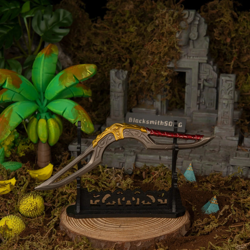 Giant Boomerang replica — displayed on the large stand amid jungle ruin scenery.