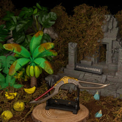 Giant Boomerang replica — displayed on the small stand amid jungle ruin scenery.