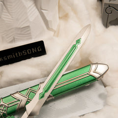 Goddess Sword replica — blade edge and green inlay channel close-up.