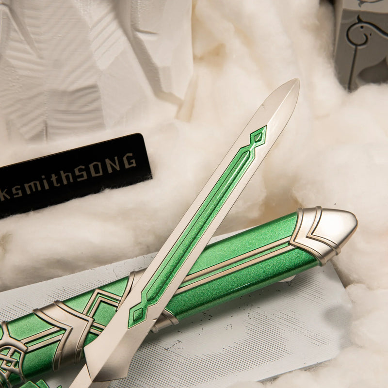 Goddess Sword replica — blade edge and green inlay channel close-up.
