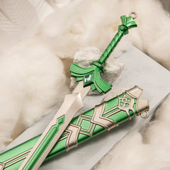 Goddess Sword replica — winged silver guard and green-wrapped grip close-up.