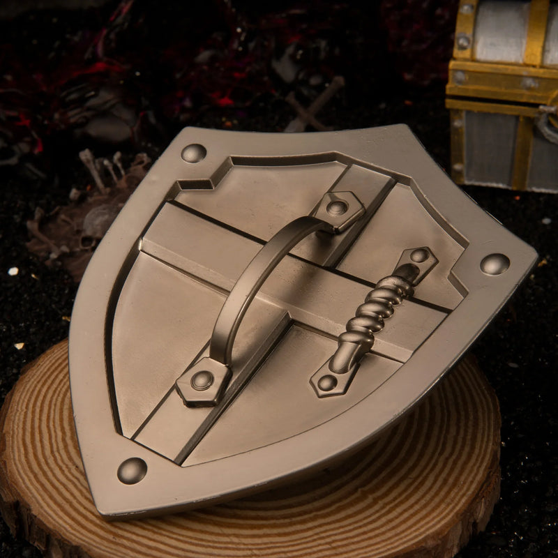 Hylian Shield replica — back view showing the cast strap and mounting bar detail.