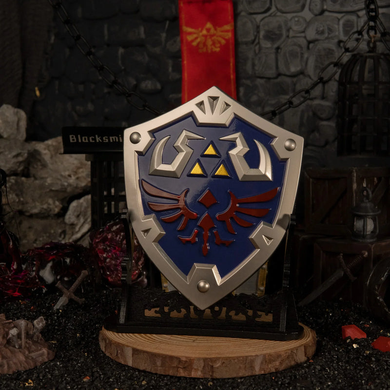 Hylian Shield replica — displayed on the large stand.