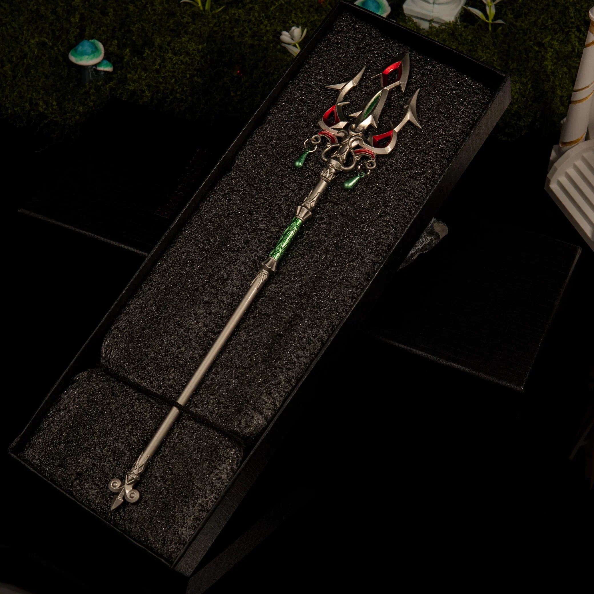 A 29cm metal replica of Mipha's Lightscale Trident from The Legend of Zelda, elegantly presented inside a custom foam-lined black gift box.