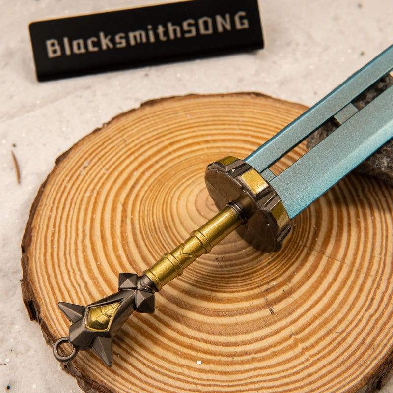 Razor Sword replica — gold crossguard and star-tipped pommel close-up.