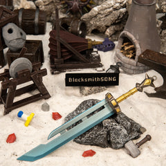 Razor Sword replica — alternate angle beside forge tools in the handcrafted snow diorama.
