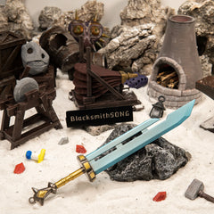 Razor Sword replica (20.5cm die-cast zinc alloy sword) — resting on stone in a handcrafted snowbound forge diorama, by BlacksmithSONG.