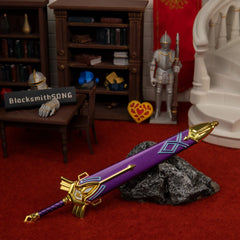 Royal Broadsword replica — alternate angle within the castle study diorama near the bookshelves.
