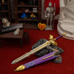 Royal Broadsword replica (21cm die-cast zinc alloy sword) — drawn beside its scabbard in a handcrafted castle study diorama, by BlacksmithSONG.