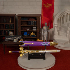 Royal Broadsword replica — displayed on the small stand, alternate angle.