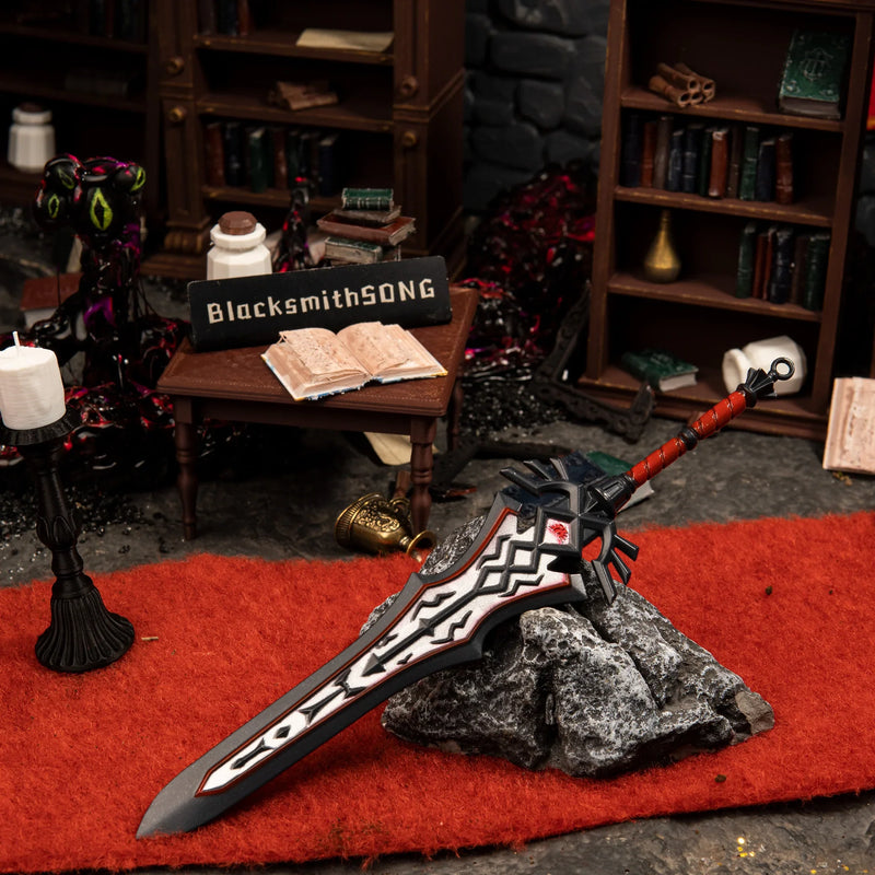 Royal Guard's Claymore replica — laid across a red carpet runner within the ruined study set.