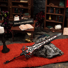 Royal Guard's Claymore replica (20.5cm die-cast zinc alloy sword) — resting on stone in a ruined castle study diorama, by BlacksmithSONG.
