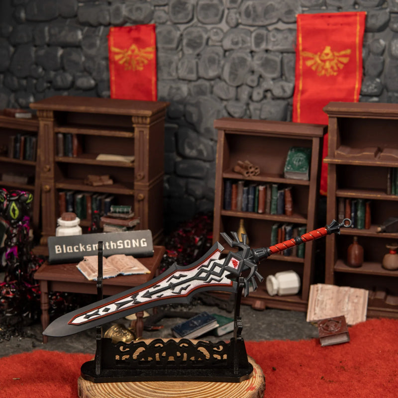 Royal Guard's Claymore replica — displayed on the large stand within the study scene.