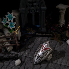 Royal Guard's Shield replica (10cm die-cast zinc alloy shield) — resting on stone in a shattered gothic chapel diorama, by BlacksmithSONG.