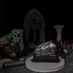 Royal Guard's Shield replica — displayed on the large stand within the ruins scene.