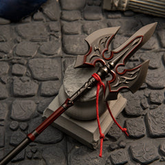 Royal Guard's Spear replica — axe-head crossguard and scrollwork close-up.