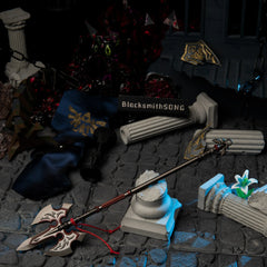 Royal Guard's Spear replica (21.5cm die-cast zinc alloy spear) — resting in a ruined gothic stronghold diorama beside a broken shield and torn banner, by BlacksmithSONG.