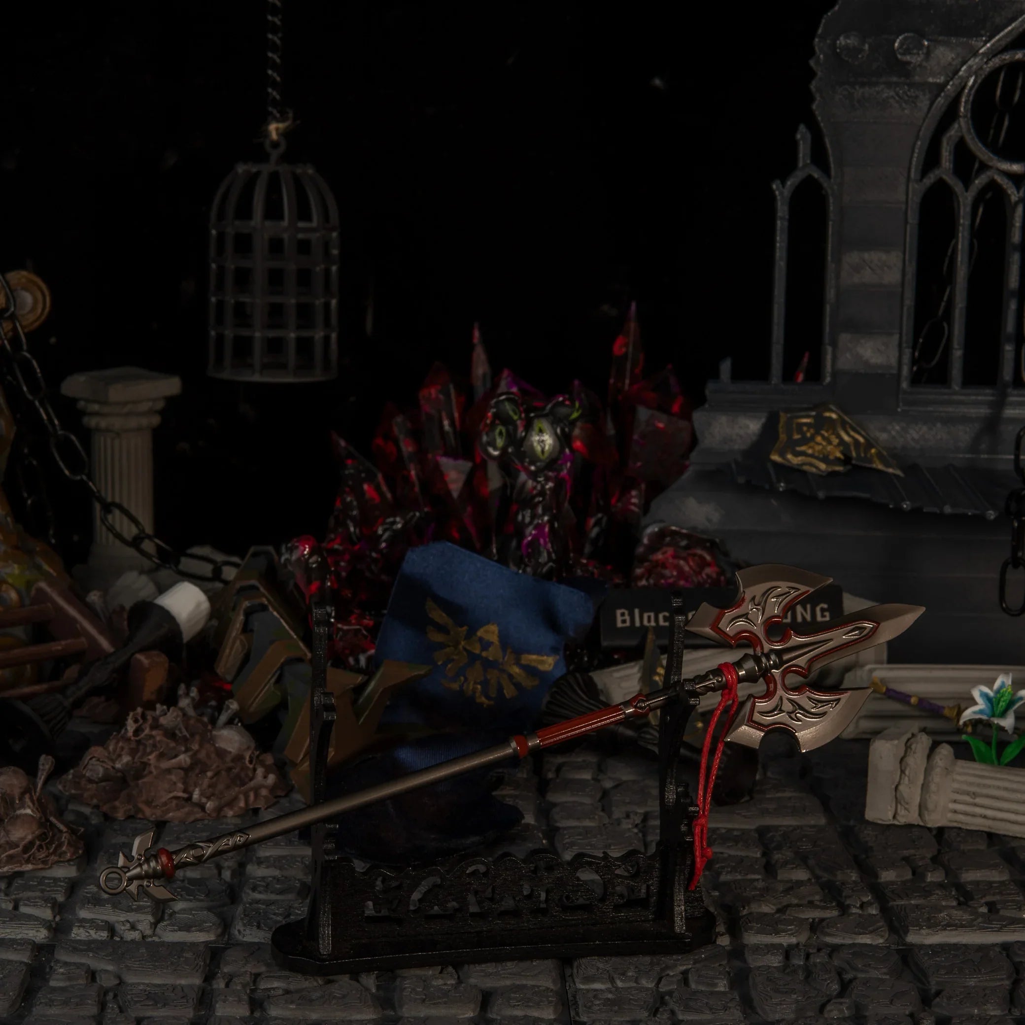 1/6 scale Royal Guard's Spear mounted on a large horizontal wooden stand (sold separately) in a ruined castle diorama.