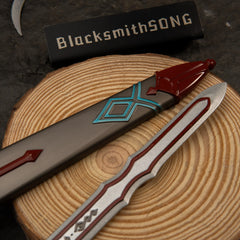 Royal Guard's Sword replica — teal-accented diamond etching along the blade spine, close-up.