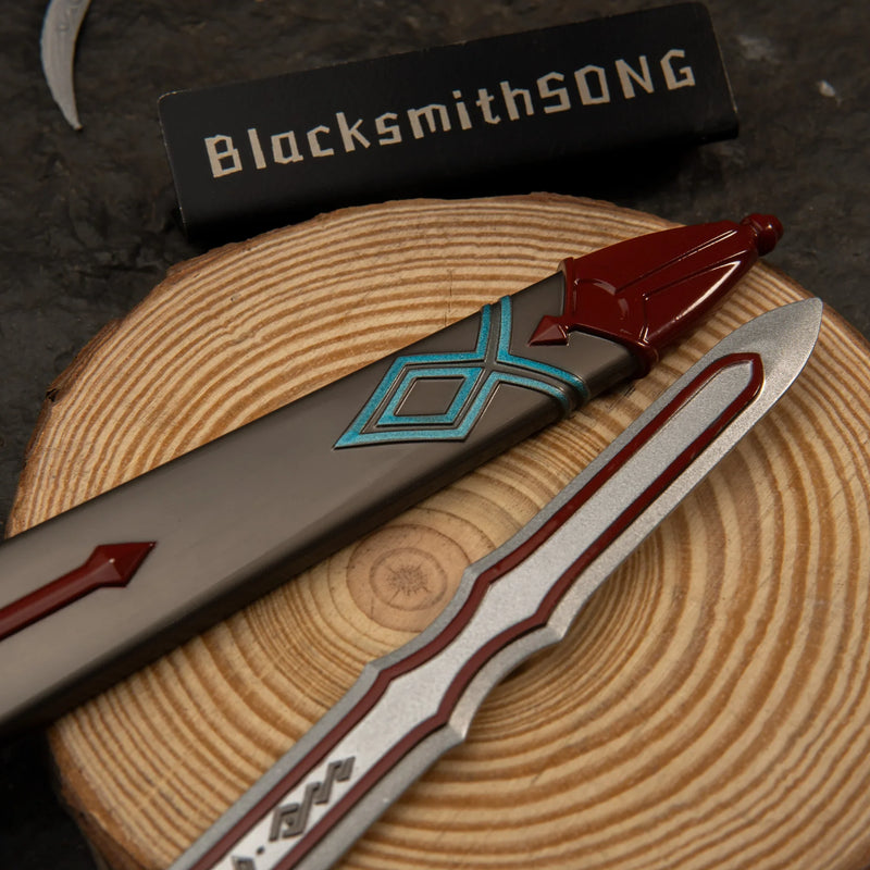 Royal Guard's Sword replica — teal-accented diamond etching along the blade spine, close-up.