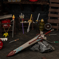 Royal Guard's Sword replica — laid beside a matching shield with a weapon rack and training dummy in the background.