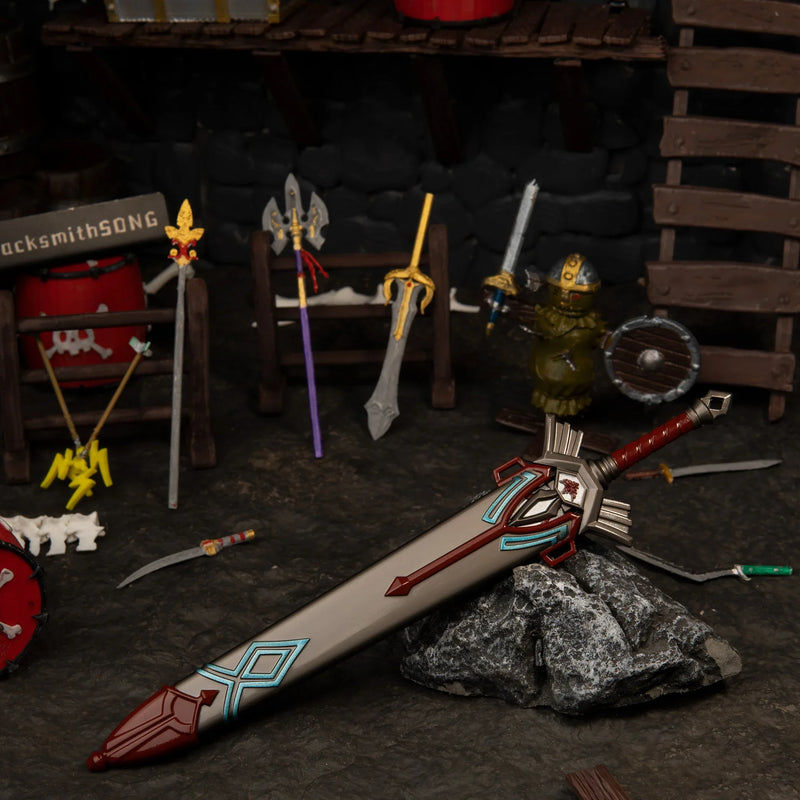 Royal Guard's Sword replica — laid beside a matching shield with a weapon rack and training dummy in the background.