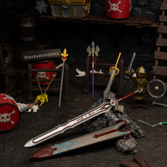 Royal Guard's Sword replica (21cm die-cast zinc alloy sword) — resting on stone in a castle training-room diorama, by BlacksmithSONG.