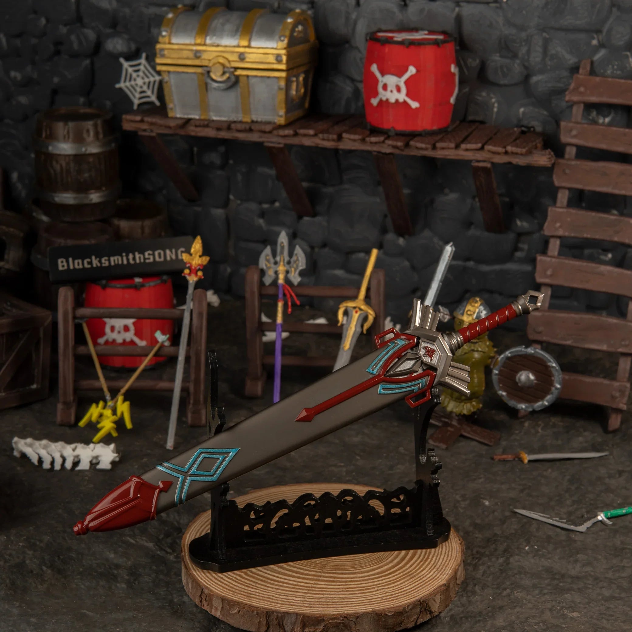 The Zelda Royal Guard's Sword and scabbard displayed horizontally on a large black rack against the backdrop of the Hyrule Castle training room diorama.