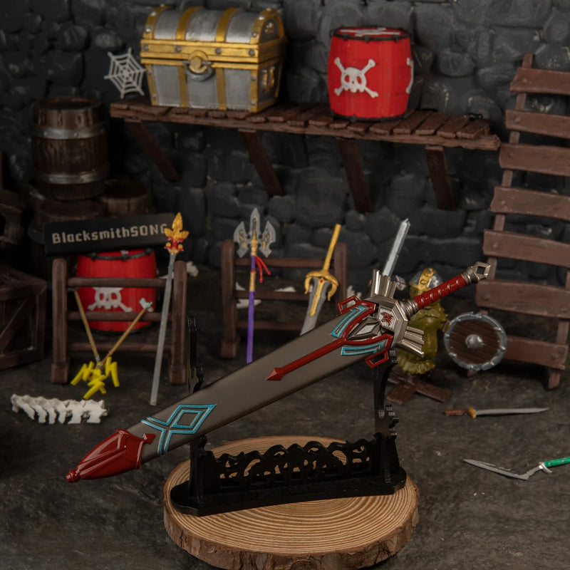 Royal Guard's Sword replica — displayed on the large stand within the armory scene.