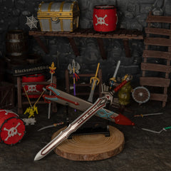 Royal Guard's Sword replica — displayed on the small stand, alternate angle.