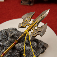 Royal Halberd replica — triple-edged head with scrollwork close-up.