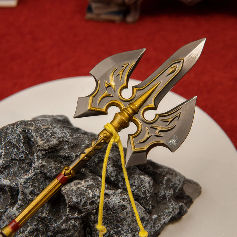 Royal Halberd replica — triple-edged head with scrollwork close-up.