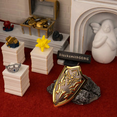 Royal Shield replica (9.5cm die-cast zinc alloy shield) — resting in a handcrafted royal treasure-hall diorama beside a silver crown and gold coins, by BlacksmithSONG.