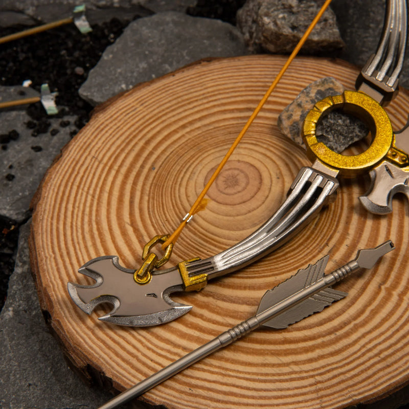 Savage Lynel Bow replica — gold center ring and joint detail close-up.