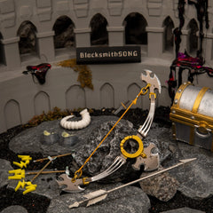 Savage Lynel Bow replica (15cm die-cast zinc alloy bow) — resting in a corrupted stone arena diorama beside a treasure chest, by BlacksmithSONG.
